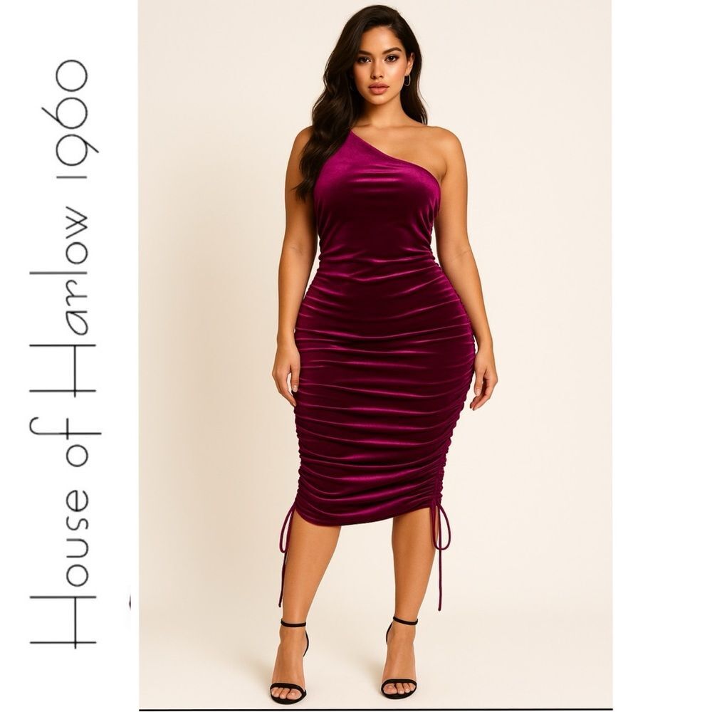 House Of Harlow 1960 Revolve Ruched Velvet One Shoulder Midi Mini Dress Size L - Picture 2 of 16
